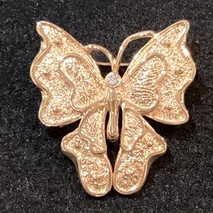 Butterfly Brushed and Shiny Gold Tone Petite Pin Brooch Rhinestone signed Jo-Jo